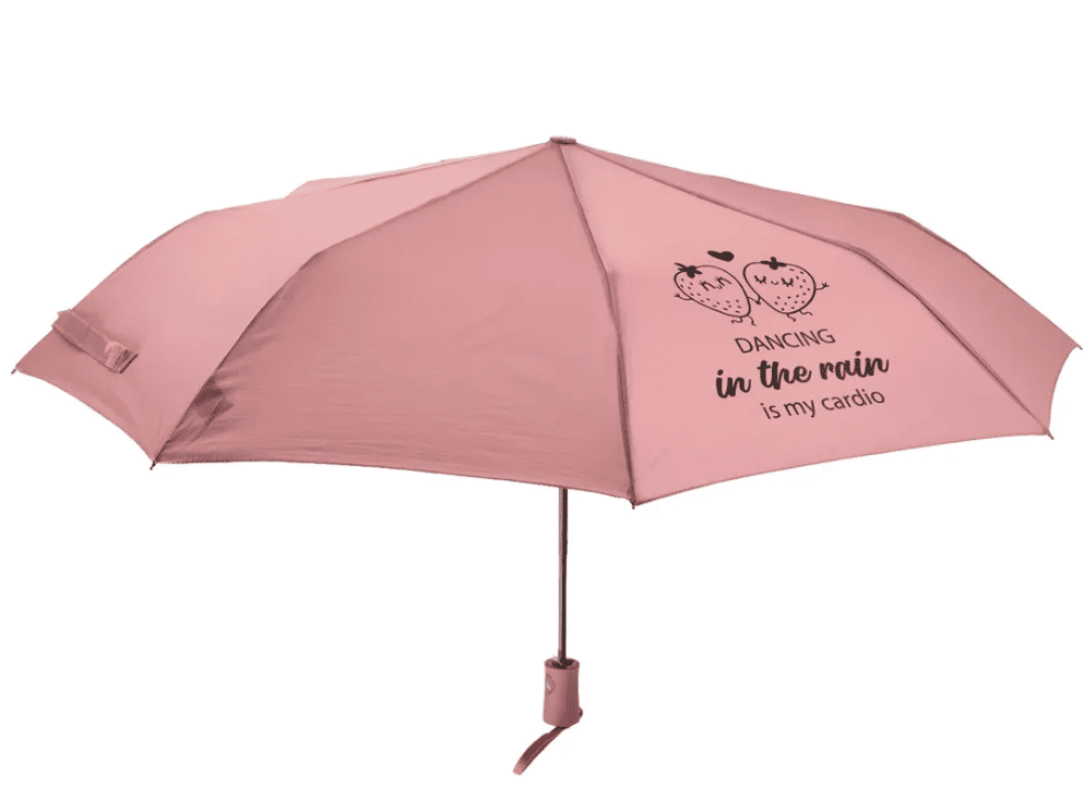 Paraguas plegable rosa – Dancing in the rain is my cardio